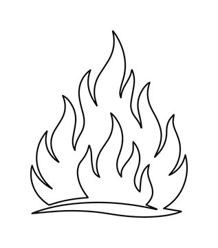 Continuous line art fire icon, minimalist flame symbol, single stroke burning bonfire illustration, simple heat and energy vector graphic for warning signs or branding