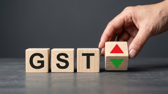 Hand places a block with up and down arrows next to GST text blocks