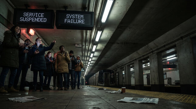 People in dimly lit subway station experiencing internet blackout and panic as service suspended signs glow overhead, scattered newspapers on the ground
