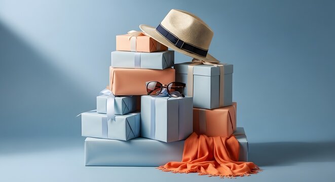 Father's day gifts stacked up against light blue background with hat and sunglasses.