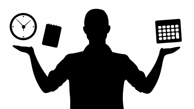 Silhouette of person juggling clock calendar and notebook symbolizing multitasking and time management
