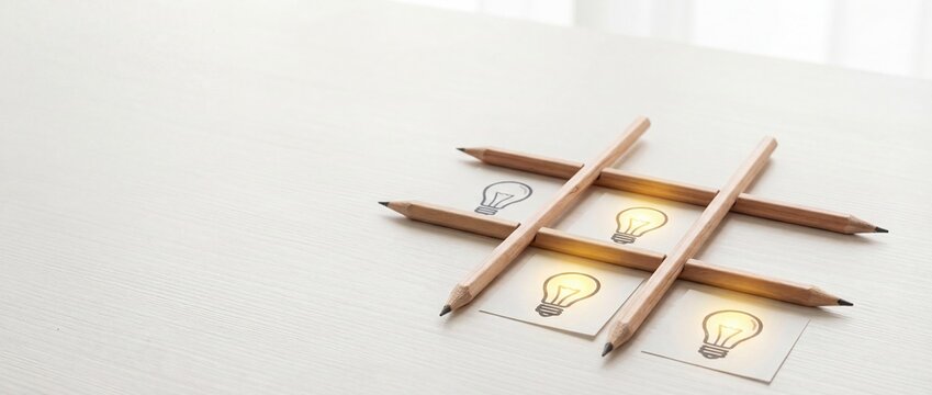 Creative strategy concept with pencils forming tic tac toe and ideas