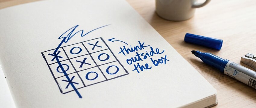 Think outside the box concept with tic tac toe winning line break
