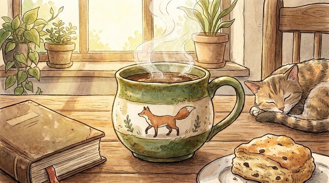 Cozy watercolor scene with a fox-themed mug of coffee, a sleeping cat, a book, and a scone by a sunny window