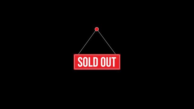 Animated sold out sign hanging on string, red label with bold text. Clean loop motion, isolated on transparent background, perfect for ecommerce, retail, and promotion videos.