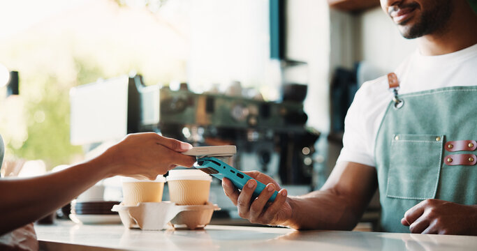 Customer, hands and phone in coffee shop with POS machine, transaction and bill payment for hospitality. People, cashier and fintech in cafe with digital banking, purchase and contactless transfer.