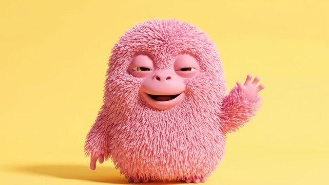 Cute pink fluffy 3D monster waving hello on a yellow background