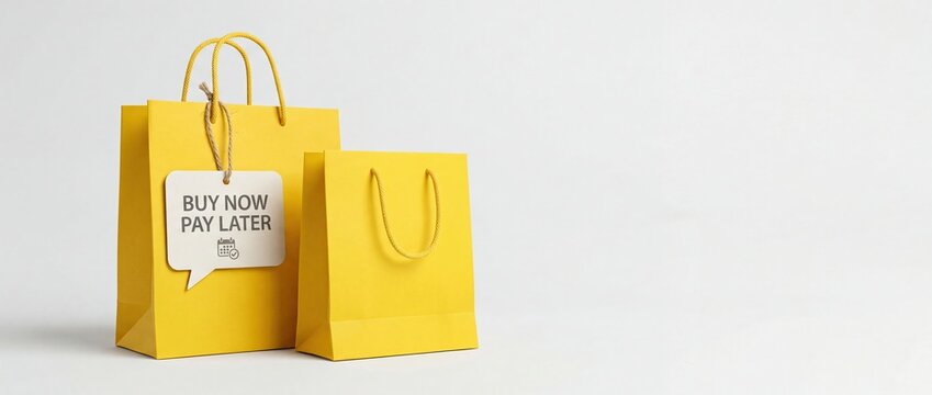 Buy now pay later concept with shopping bags on minimal background