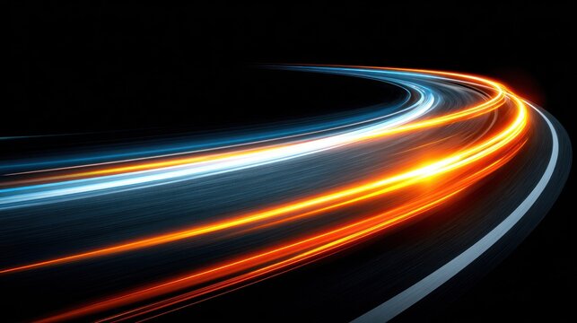 Streaks of bright orange and cool blue light curve dynamically across a dark background suggesting rapid motion.