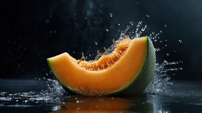 Juicy cantaloupe splashing into water vibrant summer fruit photography