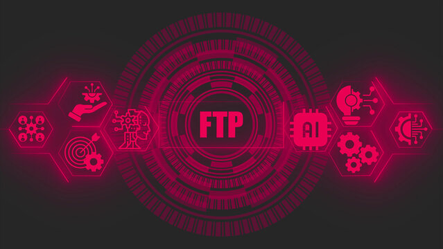 Glowing red digital interface featuring the text ftp surrounded by concentric circular patterns and various technological representing artificial intelligence and data network systems