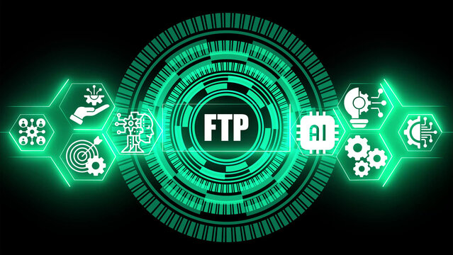 Glowing green digital interface featuring the text ftp surrounded by concentric circular patterns and various technological representing artificial intelligence and data network systems