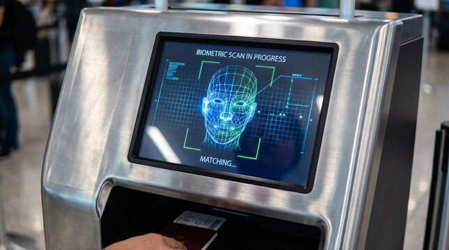 Digital passport scanner displaying biometric face recognition interface in a modern airport setting, with sleek metallic frame and vibrant screen graphics