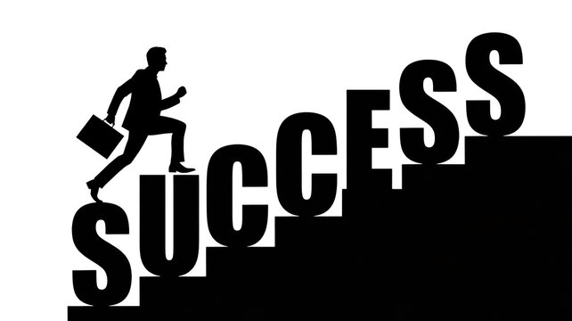 Silhouette of businessman climbing stairs made of success letters with businessman silhouette climbing ambition progress achievement motivation business challenge overcome aspiration