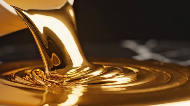 Close-up of Molten Gold Pouring and Swirling, Capturing its Rich Texture and Lustrous Sheen