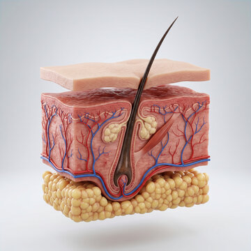 Cross section skin epidermis dermis hypodermis hair follicle sebaceous gland blood vessel nerve adipose tissue anatomy medical biology human structure detailed realistic healthy science education