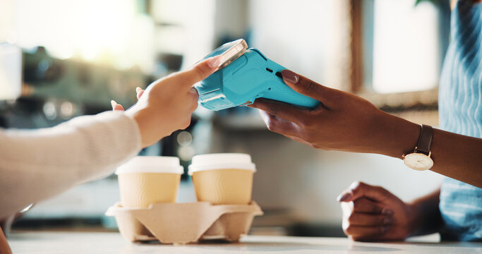 Hands, customer and barista with pos machine for phone payment, app or purchase in cafe. People, employee or checkout with NFC, tap or smartphone on counter for order or transaction in coffee shop