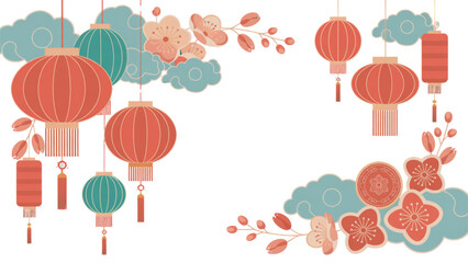 Traditional red and green lanterns floating in a festive celebration scene with decorative floral elements Vector © ANOWARUL