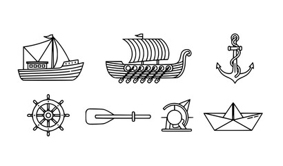 Modern line vessel icons set with boat trireme anchor rudder oar and paper boat thin outline maritime symbols © BijoyChandra
