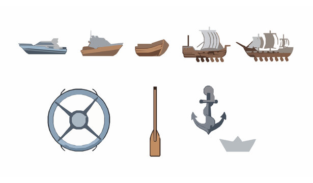 Minimal flat vessel icons set with boat anchor rudder oar trireme and paper boat editable maritime vector collection