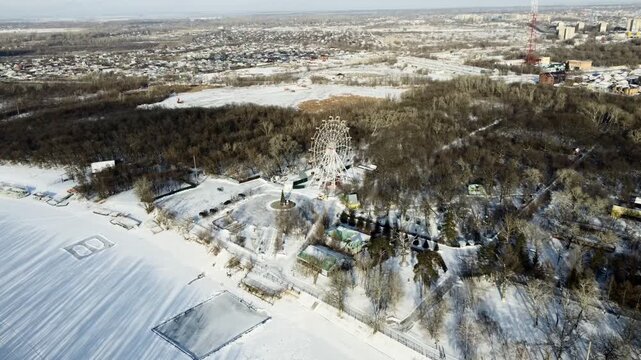 Aerial view of Uralsk city center, central park, downtown, Kazakhstan.