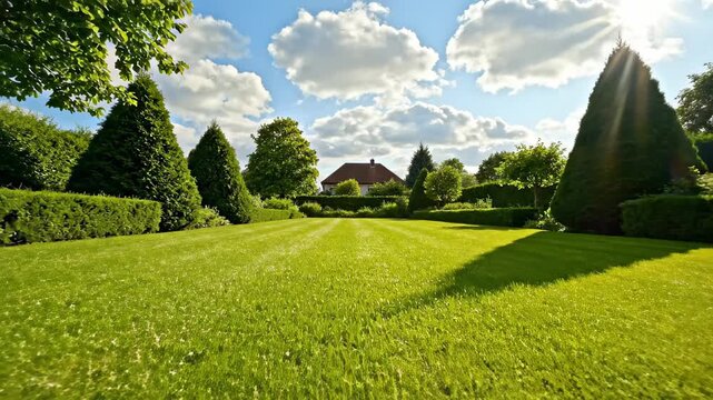This captures a tranquil backyard setting with a well-manicured lawn and an array of trees and bushes. The bright blue sky with puffy white clouds adds to the serene ambiance, making it a perfect