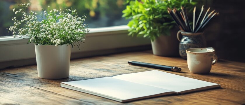 Open notebook coffee cup plants pencils on wooden table near window