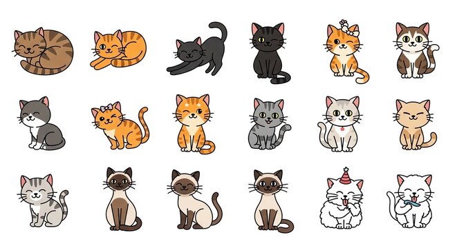 Cartoon cat illustrations various breeds and poses