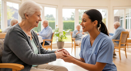 Obraz premium Caring professional nurse smiling at a senior woman while providing compassionate support and essential medical healthcare services within a comfortable residential facility or nursing home.