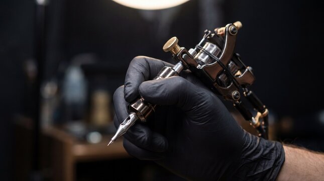 Hand with black gloves holding tattoo machine with gold components