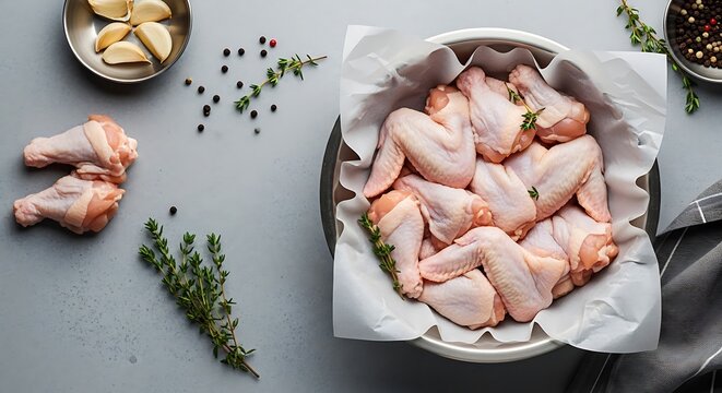 Fresh raw chicken wings or alitas de pollo arranged in a bowl with garlic, peppercorns, and herbs on a grey background for gourmet culinary preparation.