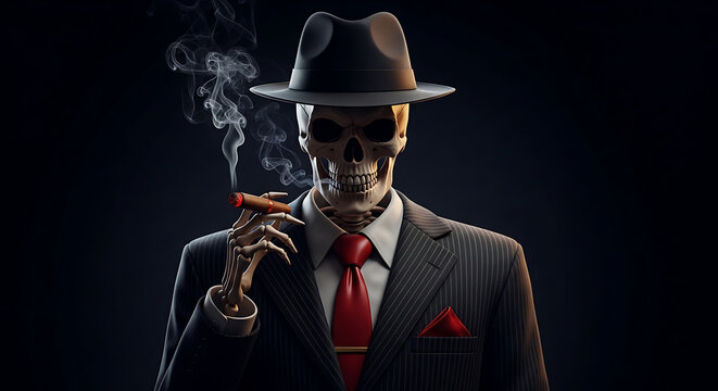 Gothic gangster skeleton wearing an elegant black fedora and formal business suit smoking a tobacco cigar, isolated against a dark background, underworld mafia boss character illustration.