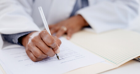 Fototapeta premium Documents, signature and hands of businesswoman in office for deal, legal contract or agreement. Pen, writing and female attorney with paperwork for application form with title deed in workplace.