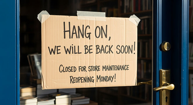 Handwritten sign on brown recycled cardboard box hanging on a store main glass door announcing hang on we will be back soon for temporary business closure and brief retail shop break.