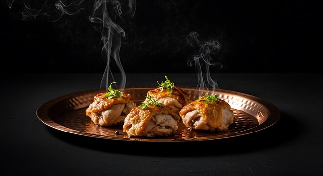 Alitas de pollo served hot on a rustic bronze tray featuring perfectly roasted chicken wings garnished with fresh microgreens on a dark moody background