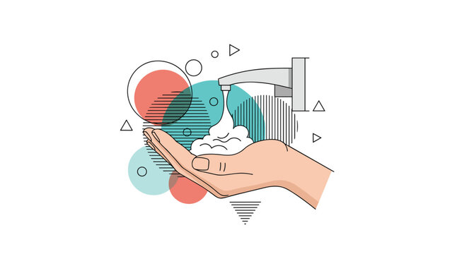 Illustration showing proper hand washing technique with soap bubbles under running water from a faucet in bathroom.