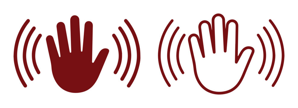 Minimalist hand waving icons, dark red palm silhouettes with motion lines, flat vector set of greeting and signal symbols for UI design