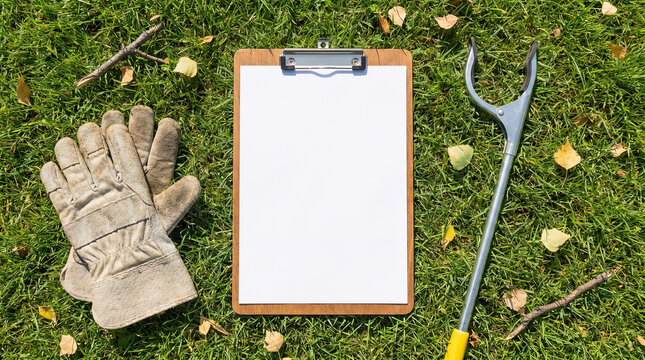 Flat lay of a blank wooden clipboard, work gloves, and a trash picker on green grass