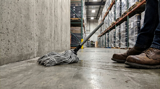 Low Angle Shot of Mopping Action Near a Blank Warehouse Wall