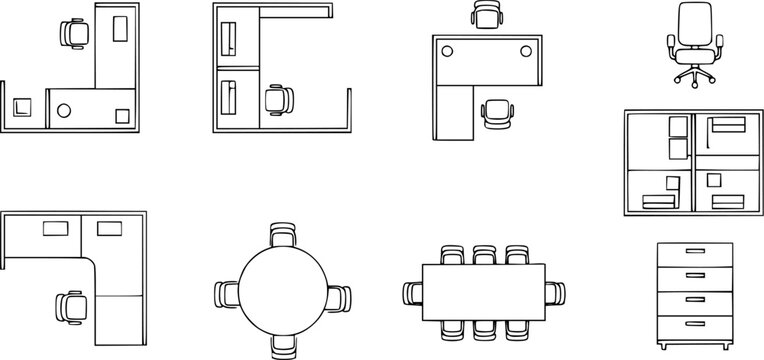 Workstation floor plan layouts including office desks, cubicles, meeting tables, chairs, and filing cabinet outline icons.