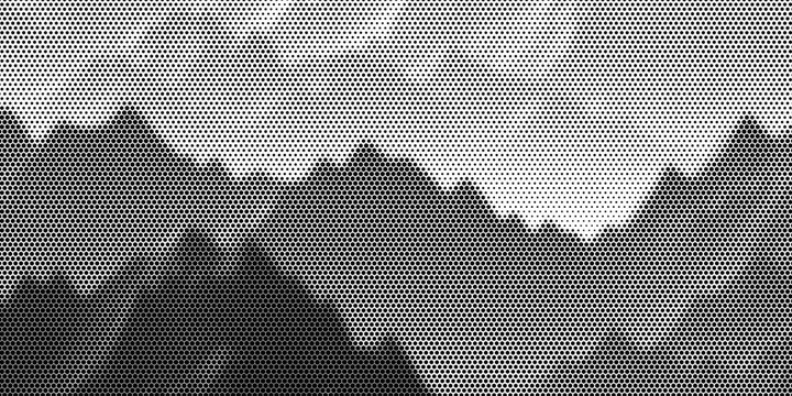Black seamless hexagon texture. Repeated honeycomb pattern background. Geometric hexagonal halftone tech overlay backdrop. Abstract repeating hex halftone. Vector retro technology dot texure wallpaper