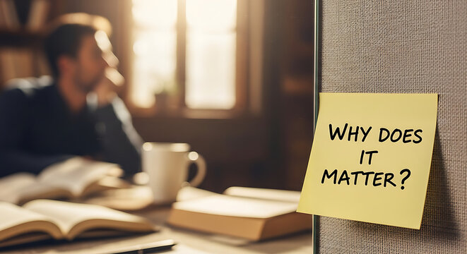Yellow adhesive sticky note with handwritten text why does it matter placed on wooden table surface for self reflection motivation inquiry and philosophical thinking concept background