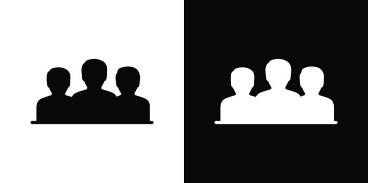 Black and white silhouettes of three people side by side on split color background