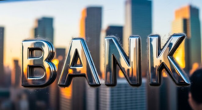 Shiny, rounded 3D letters spelling "BANK" with a highly reflective chrome finish, reflecting a sunset city skyline, symbolizing accessibility and modern financial growth