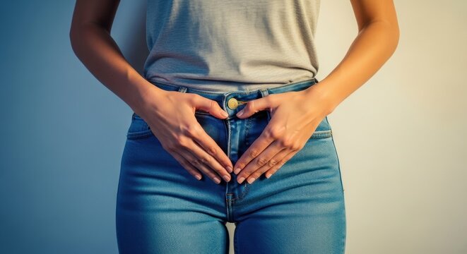 Woman experiencing pelvic discomfort or pain.