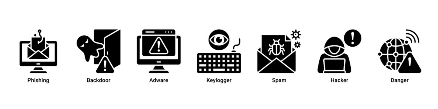 Attack Prevention web banner icon vector illustration with icons of Phishing,Backdoor,Adware,Keylogger,Spam,Hacker and Danger