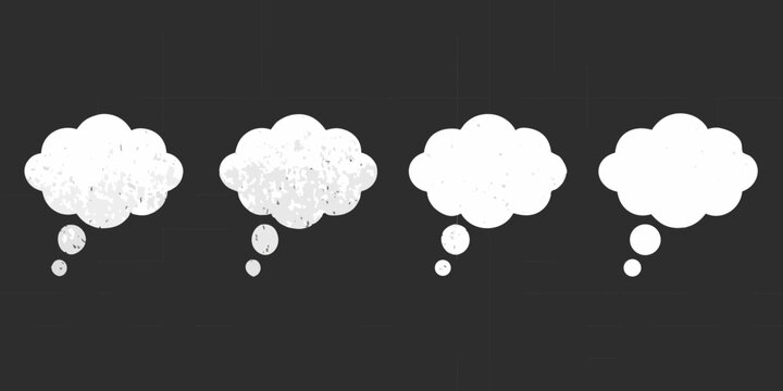 Four white thought bubbles on a dark chalkboard background