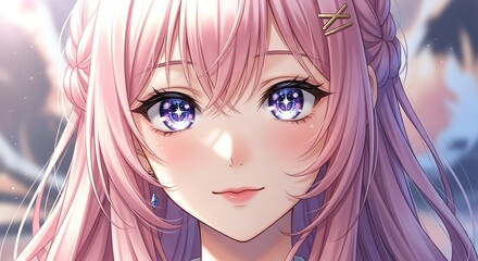Fototapeta premium Anime girl portrait with purple eyes and pink hair