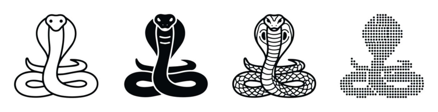 King cobra snake vector icons set, black and white serpent silhouettes, 4 reptile graphic elements for logo design and tattoo art