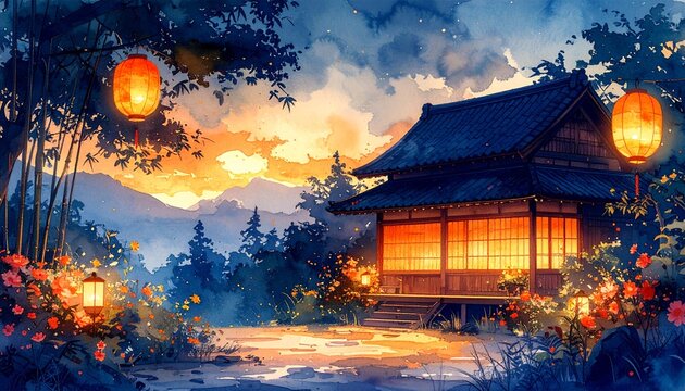 Warm Nostalgic Watercolor Illustration of Japanese Obon Homecoming Season with Traditional House Bamboo and Floating Lanterns
